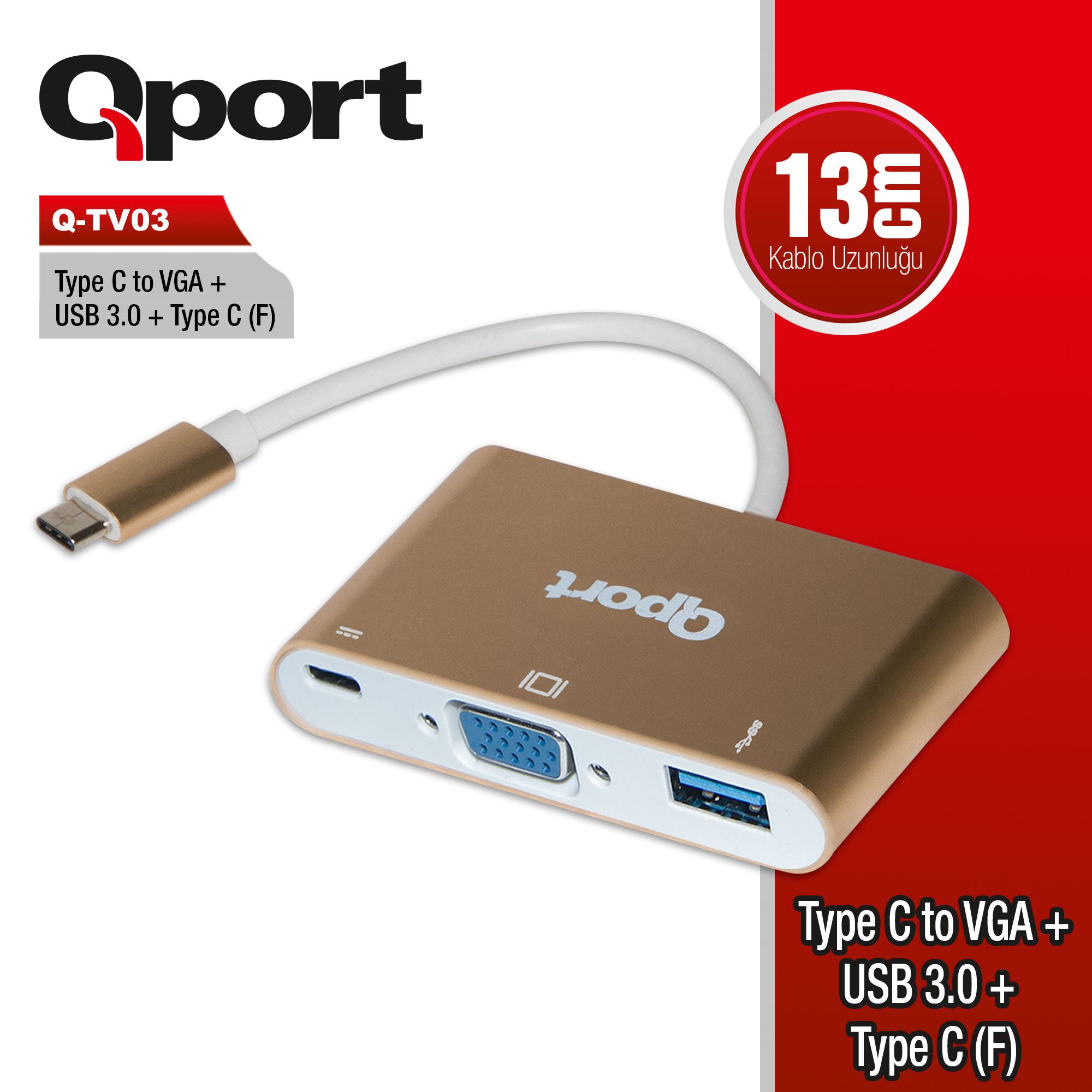 QPORT Q-TV03 TYPE-C TO VGA/USB/TYPE-C 1920x1080P ÇEVİRİCİ ADAPTÖR