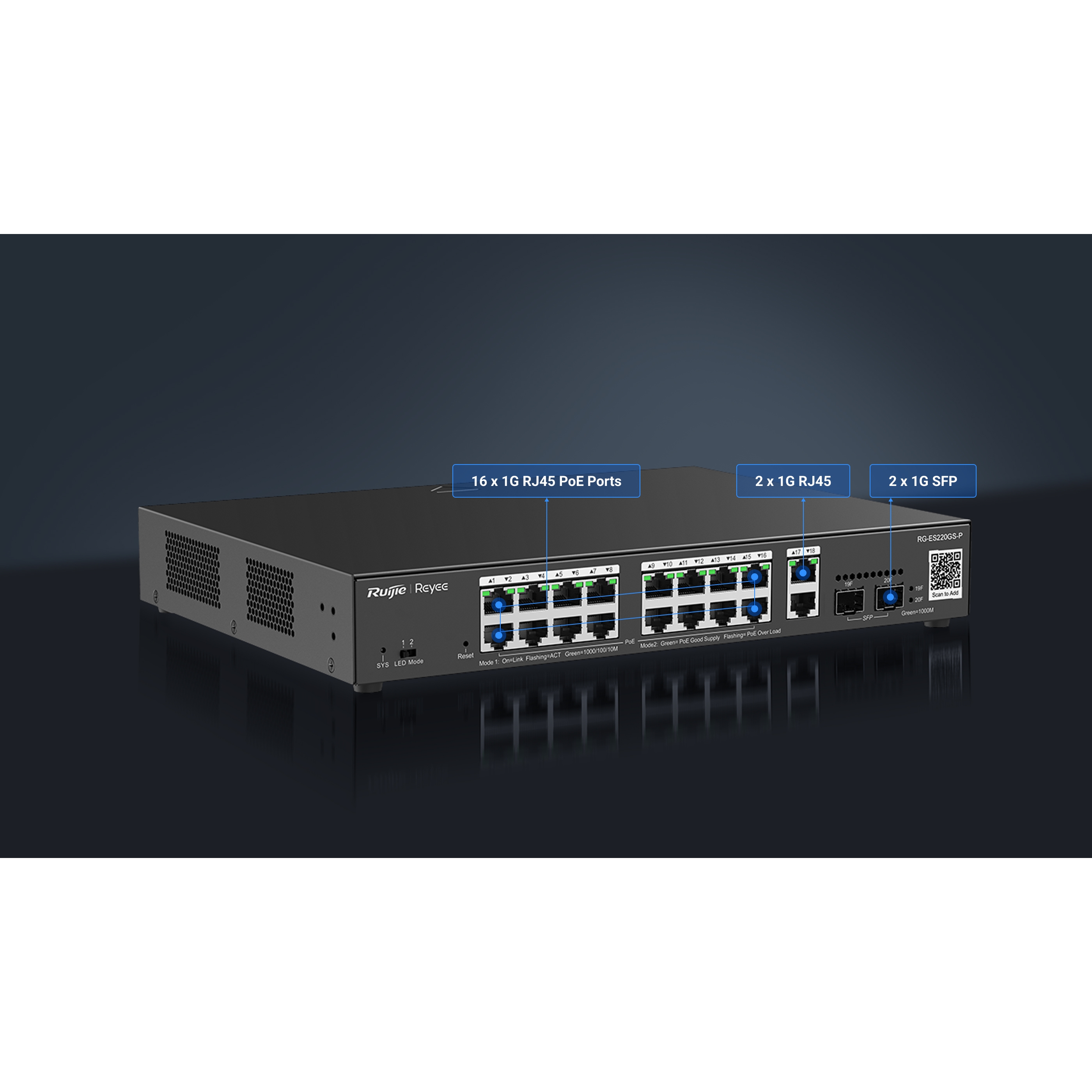 RUIJIE REYEE RG-ES220GS-P 16 PORT 10/100/1000 16 PORT POE 2 PORT UPLINK 2 SFP 250W CLOUD YÖNETİLEBİLİR RACK MOUNT SWITC