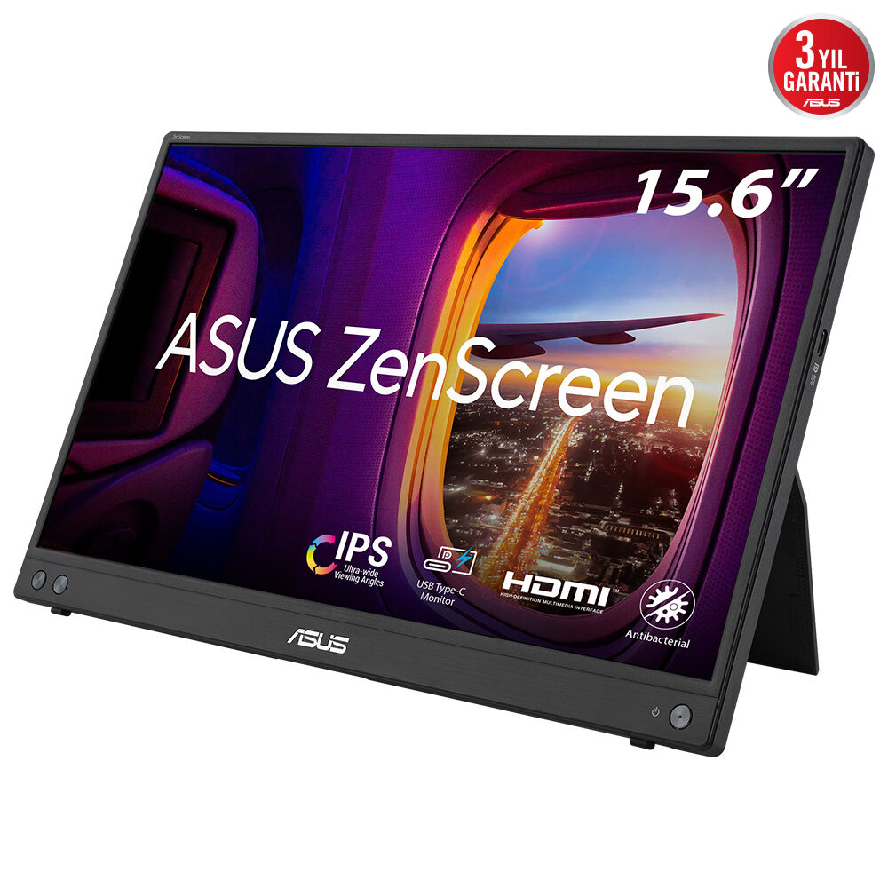 ASUS ZenScreen MB16AHV 15.6 IPS 1920x1080 5ms 60Hz 250cd USB-C 3YIL MAT EKRAN, USB-C to A ADAPTOR, DÜŞÜK MAVİ IŞIK, ANTIBAKTERİYAL KAPLAMA TAŞINABİLİR USB MONITOR
