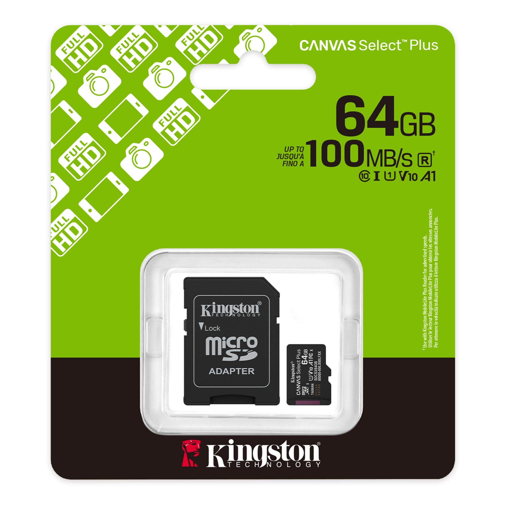 KINGSTON CANVAS SELECT PLUS 64GB MICRO SDHC CLASS10 100MB/s HAFIZA KARTI SDCS3/64GB